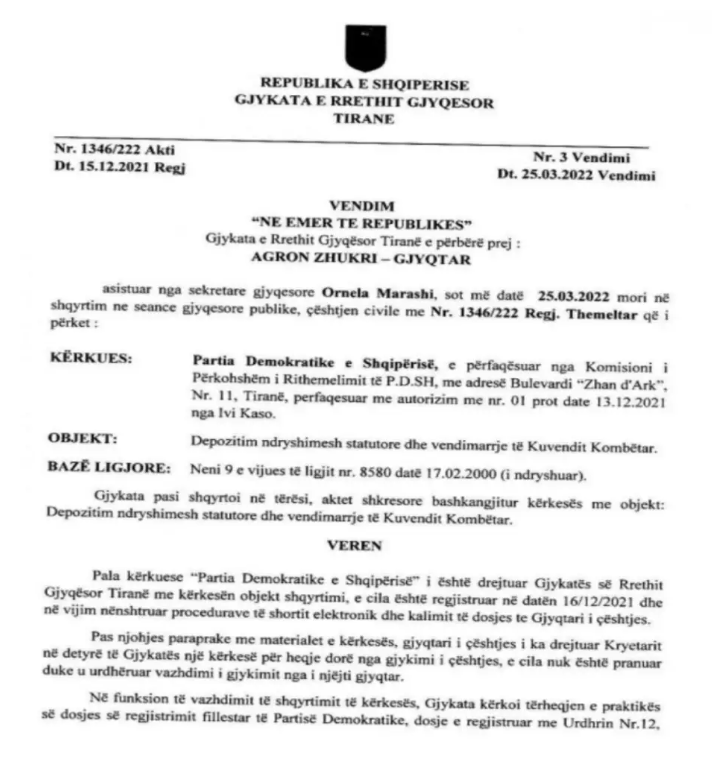 *faksimile e vendimit të Gjykatës së Tiranës mbi Kuvendin e datës 11 Dhjetor