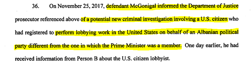 *faksimile e aktakuzës së prokurorisë së Columbias ndaj McGonigal, ku përmendet Kryeministri Rama dhe lobimi i politikanit shqiptar për të cilin u hap hetimi nga Mcgonigal