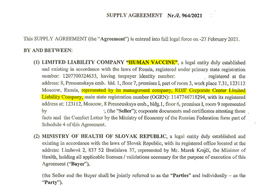 *faksimile e kontrates per shit-blerje të vaksinave ruse mes Human Vaçine LLC dhe Sllovakisë