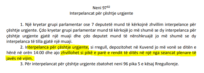 *neni 97 i rregullores së Kuvendit të Shqipërisë për interpelancat urgjente