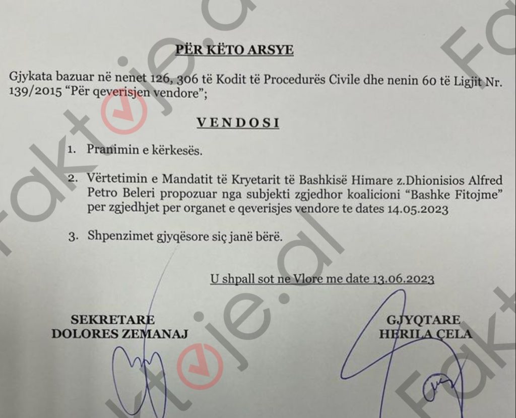 Vendimi i Gjykates i siguruar per Faktoje nga gazetarja Jerola Ziaj