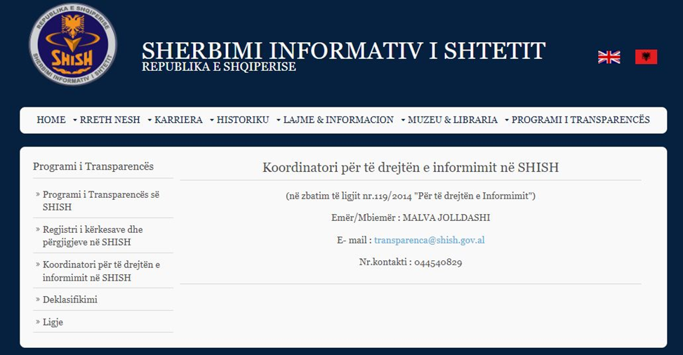 Informacioni në faqen zyrtare të SHISH për kontaktin e koordinatorit për të drejtën e informimit