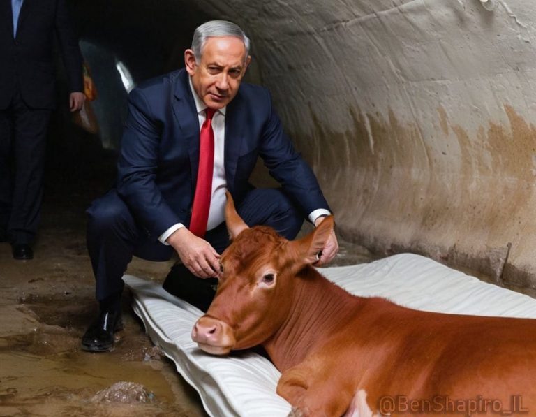 Netanyahu me lopën e kuqe të ritualit hebre, imazh i krijuar me IA