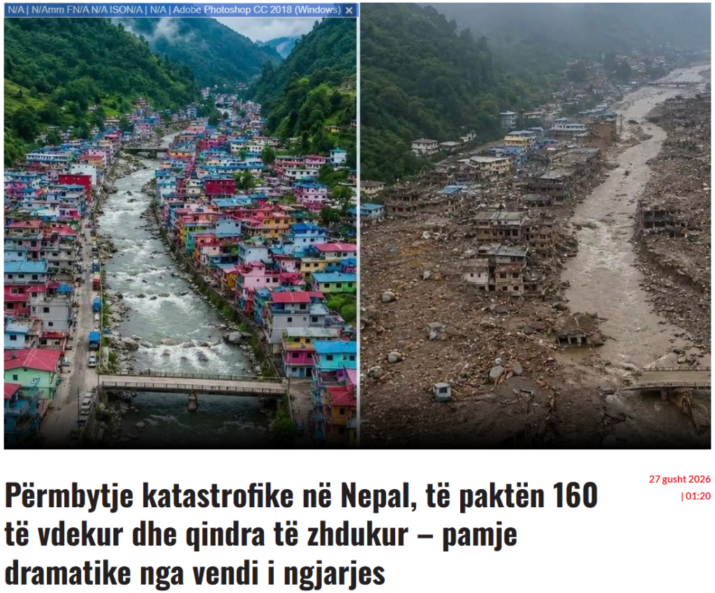 Imazh para-pas i përmbytjeve në Nepal i gjeneruar me AI